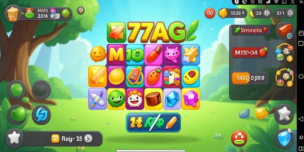 Gameplay menakjubkan 77AG dengan objek Match-3 berwarna-warni.