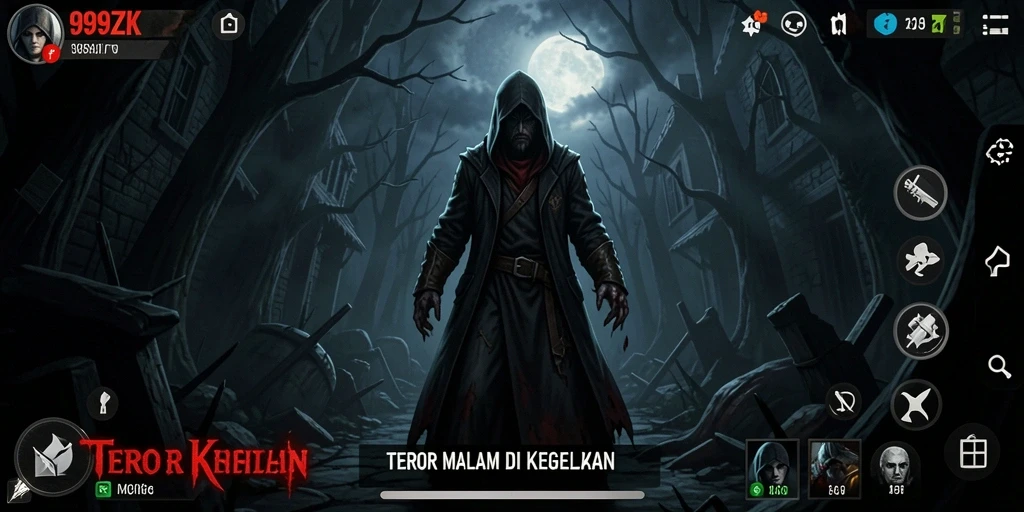 Screenshot gameplay 999ZK menampilkan suasana yang mencekam dan menakutkan.