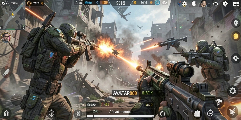 Screenshot menampilkan aksi pertempuran seru dalam AVATAR808 gameplay FPS.