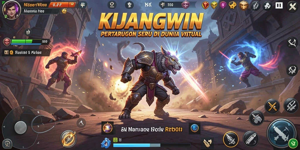 Tangkapan layar <strong>KIJANGWIN</strong> menampilkan pertarungan intens di arena yang penuh aksi.